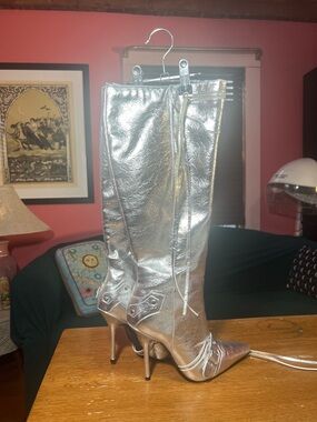 Metallic Silver Knee-High Stiletto Boots with Lace Detail - Women